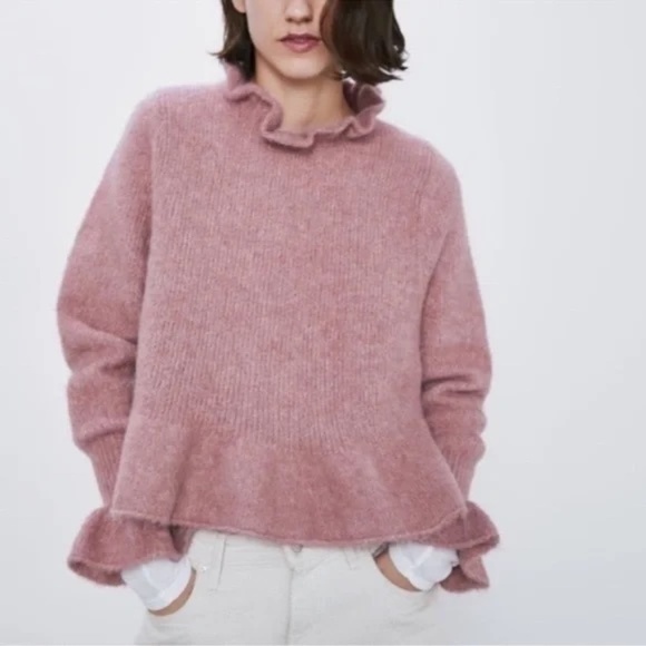 Zara Sweaters - Zara Alpaca + Wool Blend Ruffle Trim Sweater Pink 45132